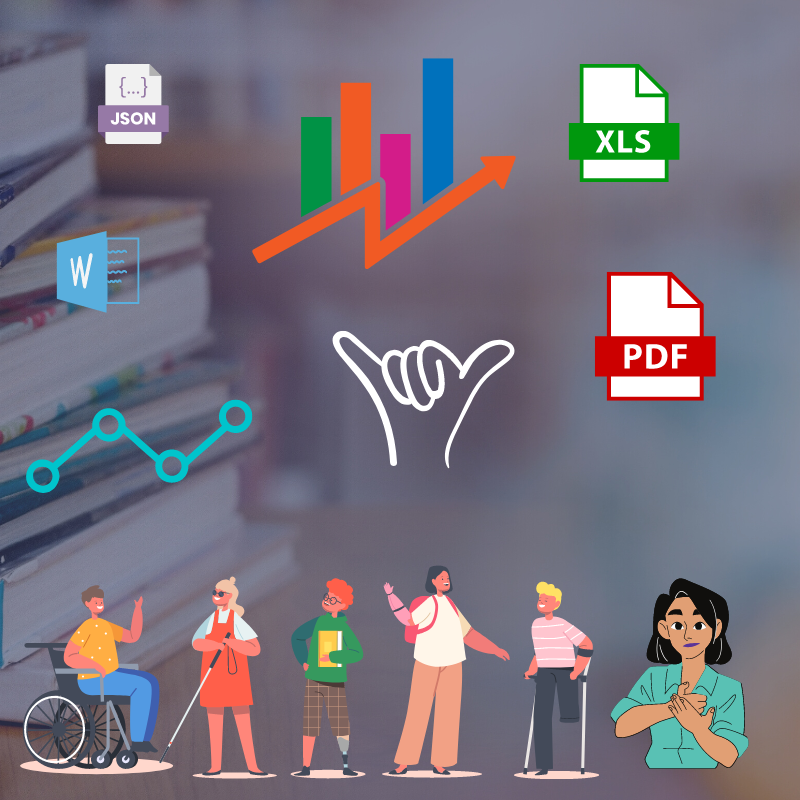 A picture showing different data formats like word, pdf, excel icons and person with different impairments